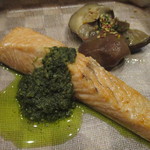 小料理 すず乃 - 北海道産　桜鱒の塩焼き　春菊のソース