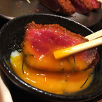 牛カツ京都勝牛  - 京卵半熟、うーん、、、ピンとこない、肉の後、締めに卵がけご飯にして食べたら、それが一番美味しかった肉よりもʬʬʬ