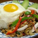 ``Gapao'' rice with stir-fried ground chicken and basil