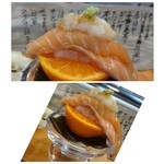 弘寿司 - ◆マス・・辛味大根乗せ。オレンジ風味。
これもマス本来の旨みを感じる品。ほんのりオレンジ風味がします。