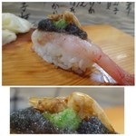 弘寿司 - ボタン海老、上には「焼き海老」がのせられ遊び心ある品。