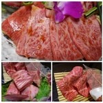 米沢牛焼肉 仔虎 - ＊上：カルビ。最近は「赤身」を好むのですが、程よいサシでこれは美味しい。
            ＊左下：サイコロステーキ。見た目はあまり魅かれなかったのですけれど、頂くと美味しい。
            ＊右下：ロース