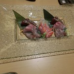 割烹 八彩 - ＜2016／04＞お刺身盛り合わせ。（伊豆の金目鯛・富山の生蛍イカ・明石のひらあじ・高知のはがつお）