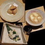 割烹 八彩 - ＜2016／04＞小芋の唐揚げカラスミまぶし　580円、くみ上げ豆腐　680円、伝助穴子の白焼き　1,280円