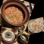 割烹 八彩 - ＜2016／04＞本日の釜飯は生桜海老とフキ。後からお出汁（鯛の潮汁）をかけて出汁茶漬けに♪風情のある器。