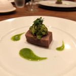 Variante - 201604 ◆前菜：牛タンのコンフィ 甘海老とフキノトウ サルサヴェルデ