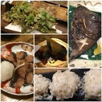 にほん酒と肴 酔音 - 行者にんにくとほしあぶらの天ぷら、イシダイのかぶと焼き、鶏シウマイ、鯖のへしこ、春のはるまき