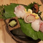 2016　向付　栄螺・肝・蒸し身、炙り鯛、烏賊、etc