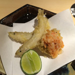 澤いち - シシャモと桜海老の掻き揚げを蕎麦出汁とお塩でシンプルに