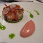 eclat - 28年4月　車海老・桜海老・鱒子、キヌア、ブラッドオレンジ　パセリオイルソース　トマトムース