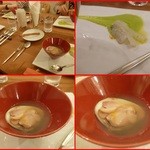 エスパイ クック コウベ - ハマグリのスープ柚風味、アオリイカの刺身うすいえんどう豆のソース添え