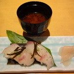 旬和風食彩 さとう - 寿司(ヒラメの昆布締め)＋味噌汁