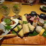 旬和風食彩 さとう - ジュンサイの酢の物(グラス入り)・ゴマ豆腐・タケノコ焼き・合鴨叩き・太刀魚九条巻き
