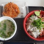 浜のかきあげや - 由比丼セット（由比丼、かき揚げ、桜えびのみそ汁）（2016.4）