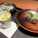 二条城ふる田 - 4】あじの小袖寿司 ラディッシュ 生ハム白和え このわた茶碗蒸し(2016.4月)　