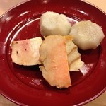 うを徳 - 青森産鮟肝のスモーク(橅チップ) 与論島産石川小芋 新潟産車麩