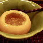 竹屋町 三多 - 蒸し鮑と海老芋とナマコの柚香蒸し(ちょい食べた後)