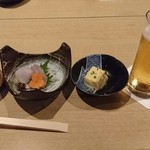 個室割烹 北のゆうや - 生ビール、お通し、刺身