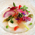 レストラン ラ・マーレ - 金目鯛の炙りカルパッチョ 焼きそら豆とケッパーソース