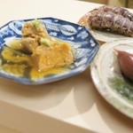 日本橋蛎殻町 すぎた - あん肝甘煮、ホタルイカの味噌漬け、シャコ、甘口陽乃鳥と合わせて