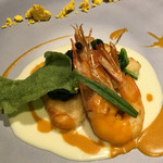 スカイレストラン634 - ヒラメのポワレと天使のエビのソテー　ポタージェールソースとアメリケーヌ