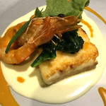 スカイレストラン634 - ヒラメのポワレと天使のエビのソテー　ポタージェールソースとアメリケーヌ