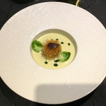 スカイレストラン634 - ウニとずわい蟹のガトー仕立て　柚子胡椒の香り　芽キャベツとポロ葱のスープ