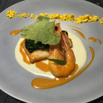 スカイレストラン634 - ヒラメのポワレと天使のエビのソテー　ポタージェールソースとアメリケーヌ