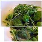 L'eau Blanche - ＊蛤は「ラビオリ」に包まれ食感、お味ともにいい品。
            蛤のソースが豆苗などのお野菜とよく合います。