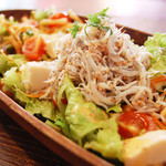 アリーカフェ - 【しっとり豆腐としらすのサラダ880yen】　　　　　　　　　　濃厚な豆腐と愛媛県佐田岬産のふっくらとした
しらすの入った、栄養満点のサラダです。
オリジナルのドレッシングでお召し上がりください。