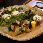 しのはら - 八寸：絹もずく・鯛笹巻寿し・玉子しんじょう・蛸柔らか煮・たらの芽と柿の葉天ぷら
近江八幡鮎の塩焼き・甲賀パッションフルーツのフォアグラ羹・若牛蒡の旨煮