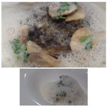 食堂セゾンドール - 呼子ススキのポアレ、マッシュルームとスパイス。とても美味しい品。