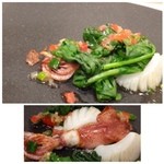 食堂セゾンドール - ◆呼子甲烏賊、米烏賊、ほうれん草サラダ
      米烏賊初めて聞きました、下の写真の烏賊です。
      このソース、優しい味わいなのですが美味しいこと。