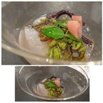 食堂セゾンドール - コチ・鯵・赤ニシ貝のマリネ、七山わらび、梅のソースで。
      これは普通に美味しい印象ですが、「鯵」がいいお味。