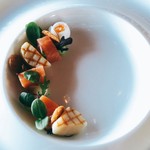 Ciel Bleu Restaurant - Home smoked salmon with grilled scallops, poached quail's eggs and chives cream