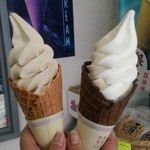 藤月 - 【左】コーヒーソフトをプレーンワッフルコーンで、【右】ミックス(バニラとコーヒー)ソフトをココアワッフルコーンで