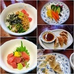 日本料理 三平 - 三平納豆￥650/まぐろぶつ￥550/お新香盛り合わせ￥360/焼き餃子（5個）￥360