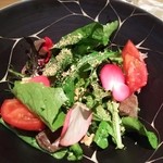 神保町 傳 - （2016/5　訪問）裏傳なので、もうサラダ出ちゃう。寺田さん作、通常と異なり酸味の効いたフレンチテイストのドレッシング、砂肝のコンフィも軟らかくて美味しい。