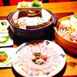 阿留酎 - 寄せ鍋コース料理￥３０００、お通し刺身、焼き物、天ぷら・・・。予約料理です。