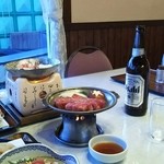 つくばグランドホテル - 常陸牛ステーキ(写真中央)
つくば豚のすき焼き(写真奥)
瓶ビールはアサヒとキリンがあった