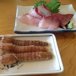まるは食堂旅館 - "海老フライコース"茹でシャコとお造り2種(赤鯛、ハマチ)