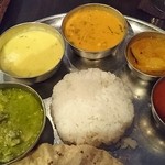 カレーは左から、チキンひき肉とゆで卵 ホウレン草ソース（辛）、ケララの小エビカレー ナッツのコク ココナッツミルク（中辛）、ムングダルとトウガン（マイルド）、サンバルカレー、ラッサムスープ