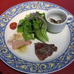 Pari Shokudou - 日替わり前菜盛り合わせ４品(サラダ、タコ、カルパッチョ、牛肉のタタキ)