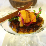 レストラン マグノリア - 生ウニと新玉ねぎのムース、海苔のジュレ、オニオンキャラメルのテュイル添え！