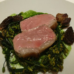 レフェルヴェソンス - 今帰仁あぐー豚を薪で「、沖縄ヨモギのジュとシャンピニオンのピュレ、菜の花とアミガサダケ