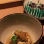 いち太 - 雲丹とうるいとくみ上げ湯葉。一番したは賀茂ナス　葛餡かけです