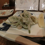 能登金沢の幸 銀座 ふる田 - おまかせ三品の天ぷら～加賀蓮根丸芋はさみ揚げ他