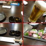 鶏料理ひとりひとり - 生ビールと刺身盛り合せ