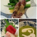 日本料理　花木鳥 - ホタルイカ・お造り・グリンピースのスープ