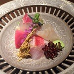 龢 - H28.05.03 お造り　盛り合わせ「本鮪」 ・ 「鮃の昆布〆」 ・ 「縞鯵」 ・ 「金目鯛」